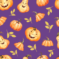 Watercolor seamless pattern with pumpkins, halloween holiday, pumpkin faces, halloween pattern, dark background 