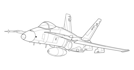Fototapeta na wymiar Adult military aircraft coloring page for book and drawing. Vector illustration. Airplane. War-plane. Vehicle. Graphic element. Plane. Black contour sketch illustrate Isolated on white background.