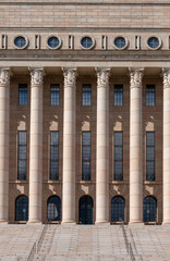 view of the Finnish Parliament building in downtown Helsinki