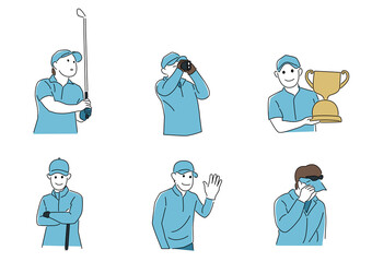 ゴルフで打った後、両手で距離計もって使っているところ、優勝トロフィーを持っているところ、立って腕組みしているところ、左手を挙げて挨拶をしているところ、右手でサンバイザーを持ってお礼をしているところのシーン。