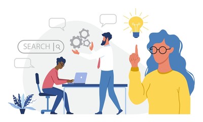 Male and female characters are working on new graphic design together as a creative team. Concept of people researching, testing and validating design solutions. Flat cartoon vector illustration