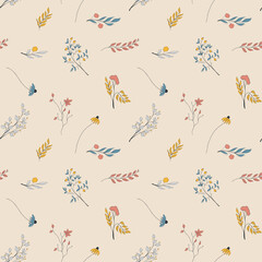 Vector seamless autumn pattern of orange, red, blue, and grey leaves and flowers stylized in a flat and doodle style in the light background. Hand-drawn leaf texture.Background for textile wallpapers