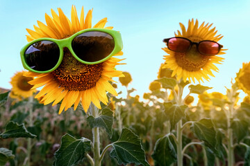 funny couple of sunflowers with sunglasses, humorous concept...