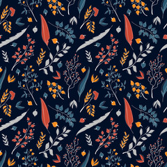 Vector seamless autumn pattern of cute tiny orange, red, blue, and grey leaves and feathers stylized in a flat and doodle style in the dark background. Hand-drawn leaf texture.Background for textile