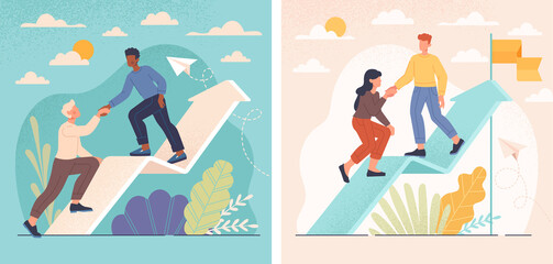 Goal-focused male and female characters are helping each other to climb up. Concept of increasing motivation to achieve the goal, support and work in a team. Isometric cartoon vector illustration
