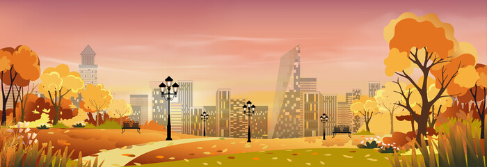 Autumn Cityscape with sunset sky background,Dramatic sunrise over the City,Twilight skyline landscape with yellow, orange and blue sky in the town,Vector horizon skyscraper,sunrise for Fall season