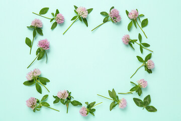 Frame of beautiful clover flowers on turquoise background, flat lay. Space for text