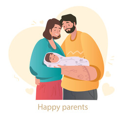 Cute mother and father are holding newborn baby on white background. Happy family is taking care and giving love to baby. Parents and kids embracing each other. Flat cartoon vector illustration