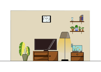 Living room in flat design style, illustration of living room with TV, shelf, lamp, fish tank and wall clock. Home decorations and ornamental plants.