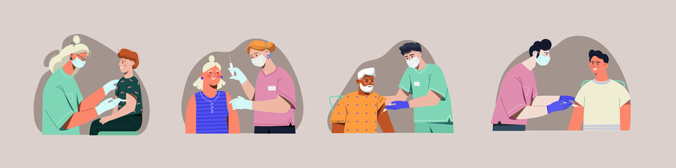 Set of male and female nurses vaccinating people with injection to prevent from diseases and viruses. Concept of adults, children and elderly patients vaccination. Flat cartoon vector illustration