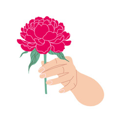 Female Hand Holding Branch of Blooming Peony