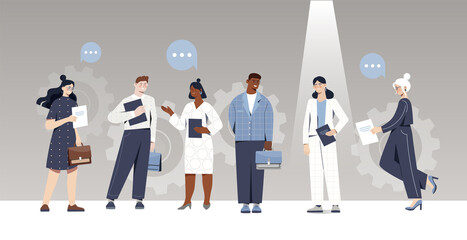 Male and female candidates are standing together waiting for interview results. Recruitment candidate choice person in spotlight. Best option for human resources. Flat cartoon vector illustration