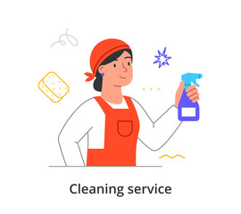 Cheerful female cleaning company member is cleaning premise with spray on white background. Concept of different people working in cleaning services. Flat cartoon vector illustration