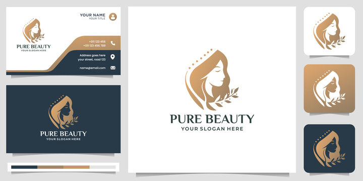 Elegant woman face, hairdresser, beauty salon logo design with business card template.Premium Vector