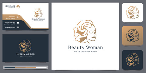 beauty woman hair logo with beauty style golden style and business card template design
