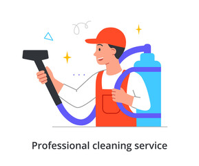 Smiling male cleaning company member in overall is vacuum cleaning place on white background. Concept of positive people enjoing working in cleaning services. Flat cartoon vector illustration