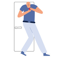 Preinfarction syndrome. An elderly gray-haired man has a sharp pain in his heart. Senior grabbed his chest with his hands. Angina symptom. Vector illustration in a flat style.