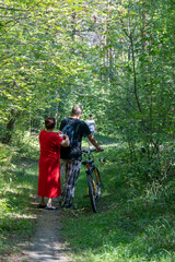 Naklejka premium Family on a walk in the woods, back view.