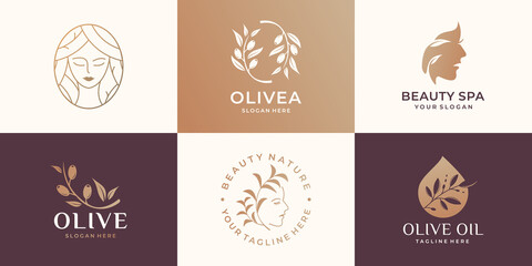 collection of beauty woman logo, olive branch, beauty spa, woman face, olive oil, feminine logo.