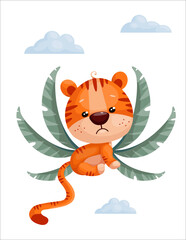 Fototapeta na wymiar Cute Sad Tiger Cub Tropical Leaves Clouds Symbol Year 2022 Cartoon Vector Graphic