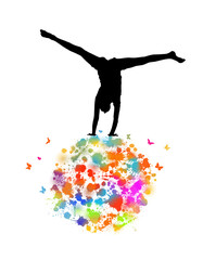 Abstraction silhouette girl gymnasts on multicolored ball. Rainbow butterflies. Vector illustration