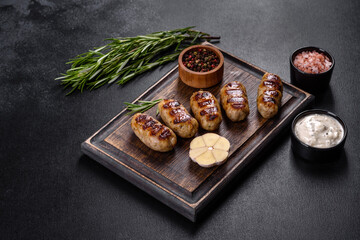 Grilled sausage with the addition of herbs and vegetables on the dark background