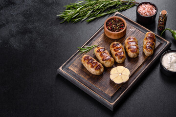 Fototapeta na wymiar Grilled sausage with the addition of herbs and vegetables on the dark background