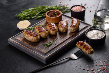 Grilled sausage with the addition of herbs and vegetables on the dark background