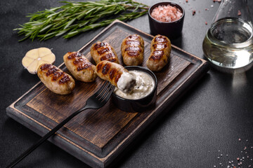Grilled sausage with the addition of herbs and vegetables on the dark background