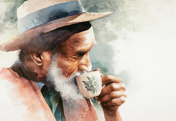 Watercolor drawing of old man drinking coffee.