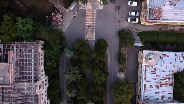 Flight on a quadcopter over an ancient estate at sunset in Pyatigorsk.