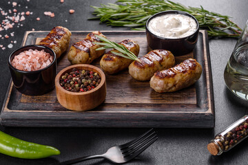 Grilled sausage with the addition of herbs and vegetables on the dark background