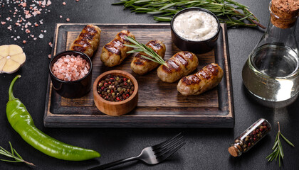 Grilled sausage with the addition of herbs and vegetables on the dark background