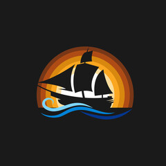 Ship ocean silhouette logo with sunset premium design