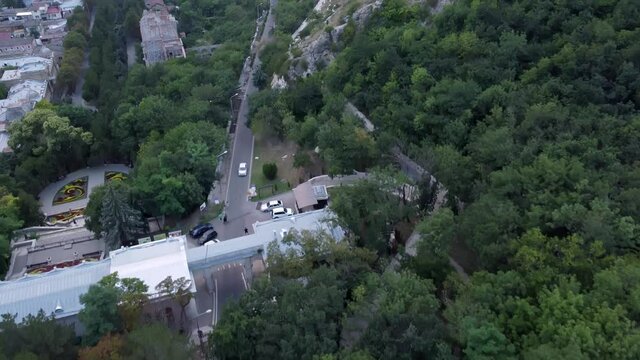 Flight on a quadcopter over the mountain at sunset in Pyatigorsk.