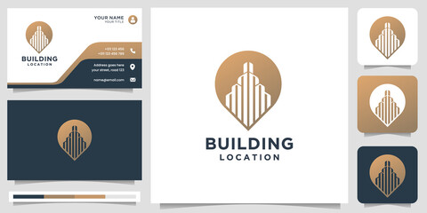creative building logo with location pin marker concept. logo and business card template inspiration