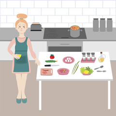 The girl in the kitchen prepares food. Hobby is cooking. Kitchen interier. Food ingredients are on the table. There is soup on the stove. Stay home series. Vector illustration.