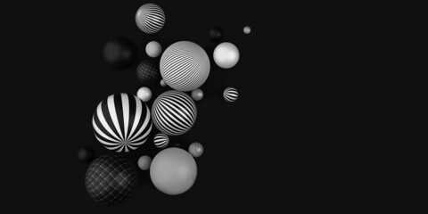 many decorative balls Horizontal stripes black and white 3D illustration