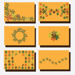 A set of gift cards on the theme of autumn with the image of chestnut leaves. Vector stock illustration isolated on white background.