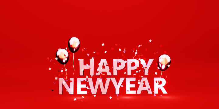 happy new year message background image with balloons and ribbons 3D illustration