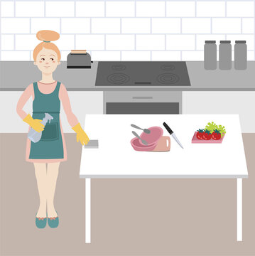 The girl cleans the kitchen. Dirty dishes. Stay at home series. Vector illustration.
