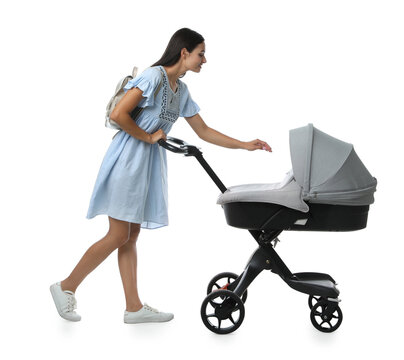 Happy Young Woman With Baby Stroller On White Background