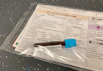 tube de bilan sanguin dans sa pochette de prescription