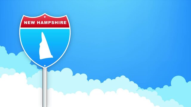 New Hampshire map on road sign. Welcome to State of Louisiana. Motion graphics.