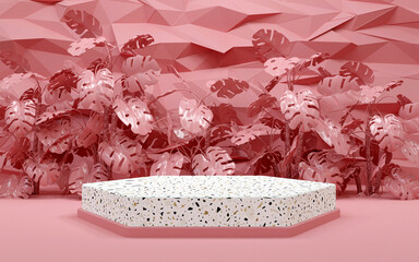 Luxury Pink geometric background with a one-level for Product presentations. 3D rendering.