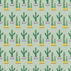 Obraz na płótnie Canvas Seamless pattern with cute green cacti with thorns in flowerpots. Plants and nature, house plants. Vector flat illustration.