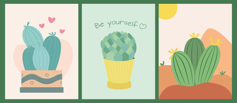 Set of posters or cards with cute cacti on a desert background.  Plants and nature.