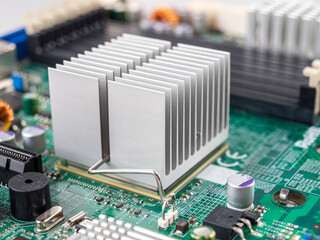 Aluminum radiator for cooling chips on the computer motherboard, passive cooling, server, close-up