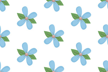 Simple cute spring seamless pattern with blue flower with leaves in diagonal lines on white background. Vector floral background. Textile, print, wrapping paper, fabric design.