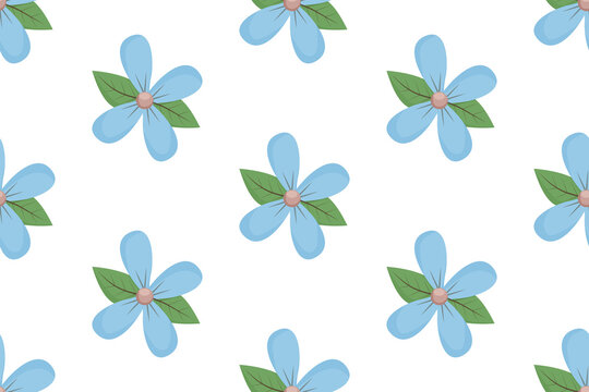 Simple cute spring seamless pattern with blue flower with leaves in diagonal lines on white background. Vector floral background. Textile, print, wrapping paper, fabric design.